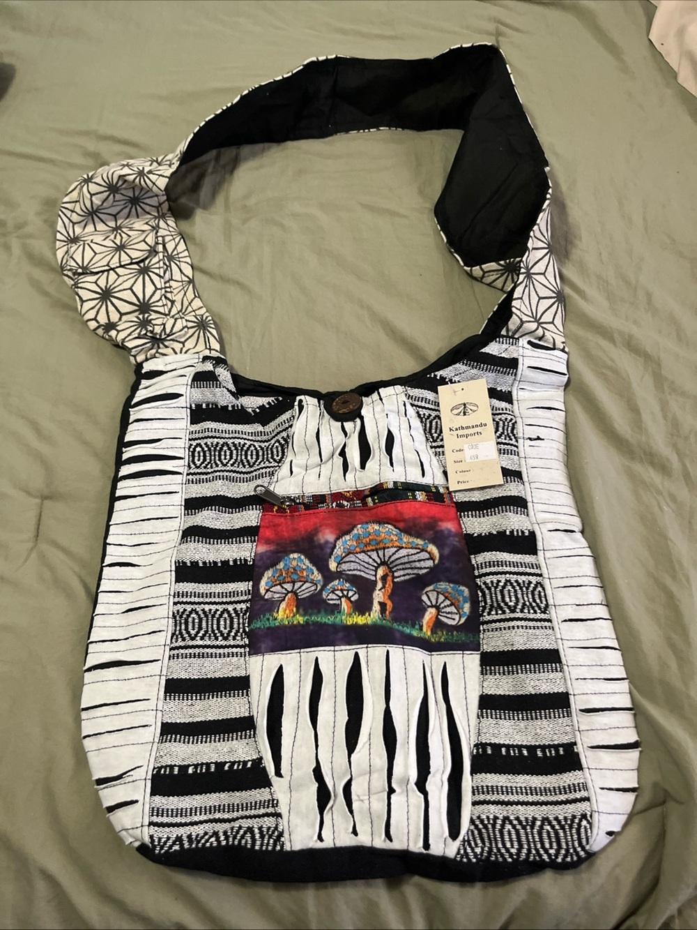 Boho bag Handmade Black & White Mushroom Patch Crossbody Bag